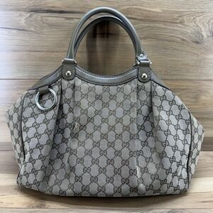 GUCCI Zukey Medium Monogram Tote Bag Canvas Leather Trim Olive